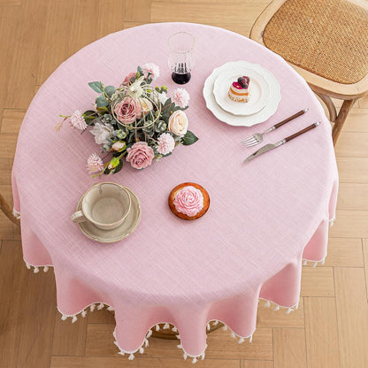 Alsoo Pink Tablecloth Round Table 55" x 55" Linen Look Texture Cotton Tablecloth Waterproof Wrinkle Free Heavy Duty Tables Cover with Tassel for Kitchen Dining Holiday Party