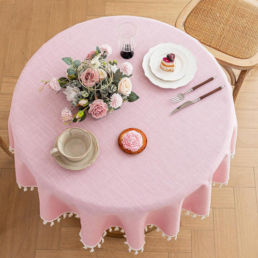 Alsoo Pink Tablecloth Round Table 55" x 55" Linen Look Texture Cotton Tablecloth Waterproof Wrinkle Free Heavy Duty Tables Cover with Tassel for Kitchen Dining Holiday Party
