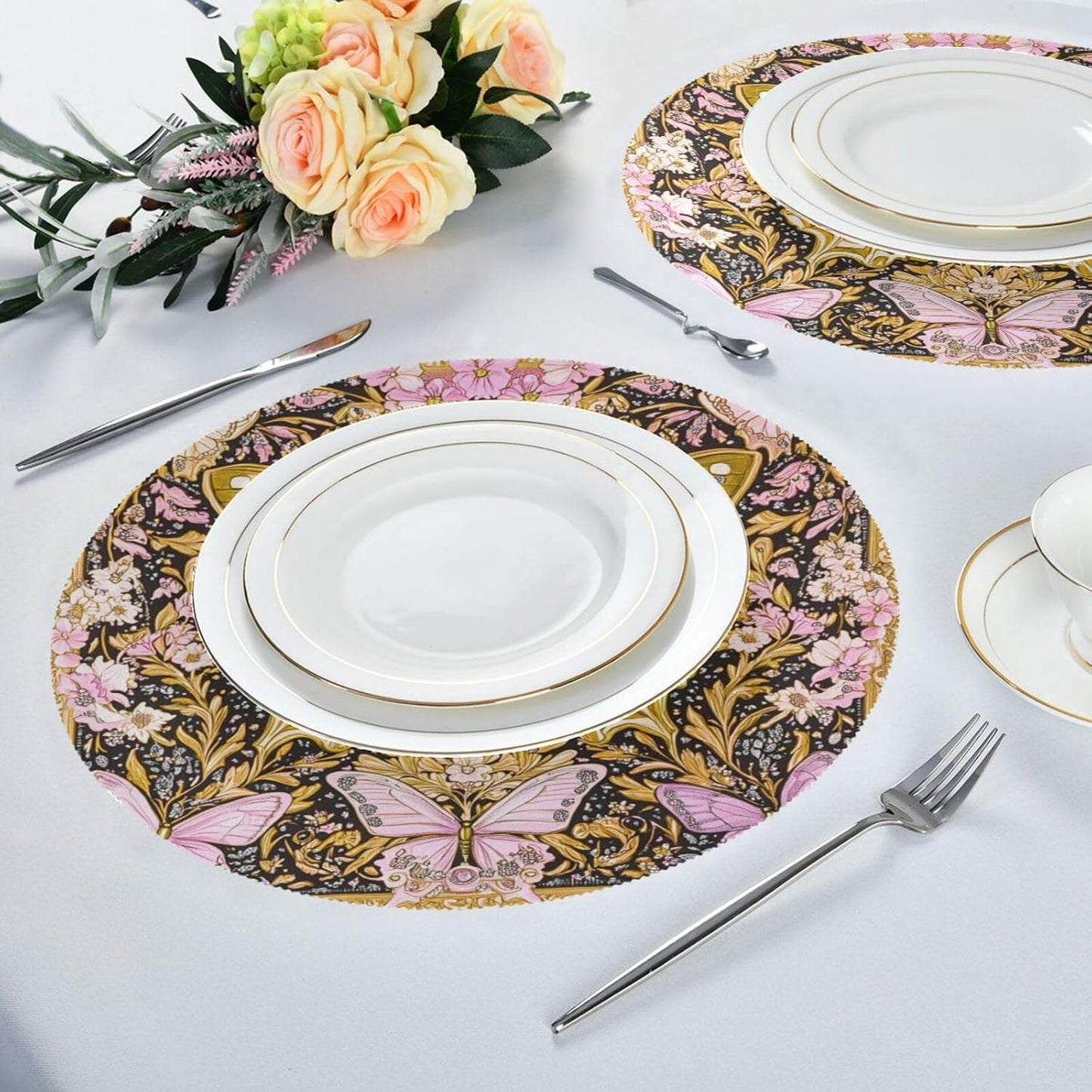 Retro Butterflies Pattern Gold and Peach Round placements Reusable placemats Washable placemats for Dining Table Table Settings for Dining Table Decor placemats Heat Resistant Waterproof Round