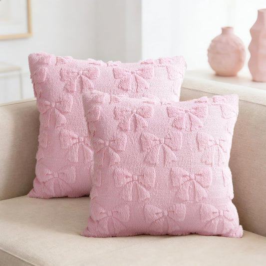 Pink Bow Throw Pillow Covers 18x18 Inch Set of 2 Coquette Bowknot Soft Plush Faux Fur Cushion Covers Home Decor for Couch Cushion Cases