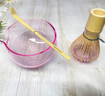Matcha Bowl with Spout, Matcha Whisk Holder, Glass Matcha Bowl and Whisk Holder Set, Exquisite Matcha Set for Tea Ceremony(Pink)