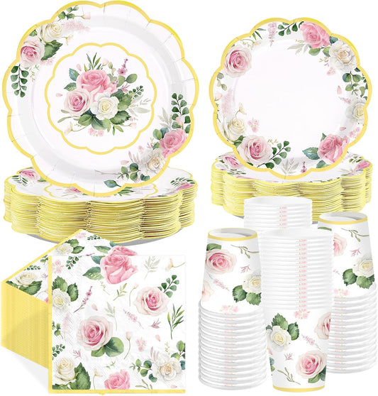 250Pcs Floral Tea Party Supplies Pink Floral Scalloped Plates Napkins Cups Pink Flower Garden Tableware Set for Spring Wedding Bridal Shower Baby Shower Garden Tea Party Decorations Serves 50