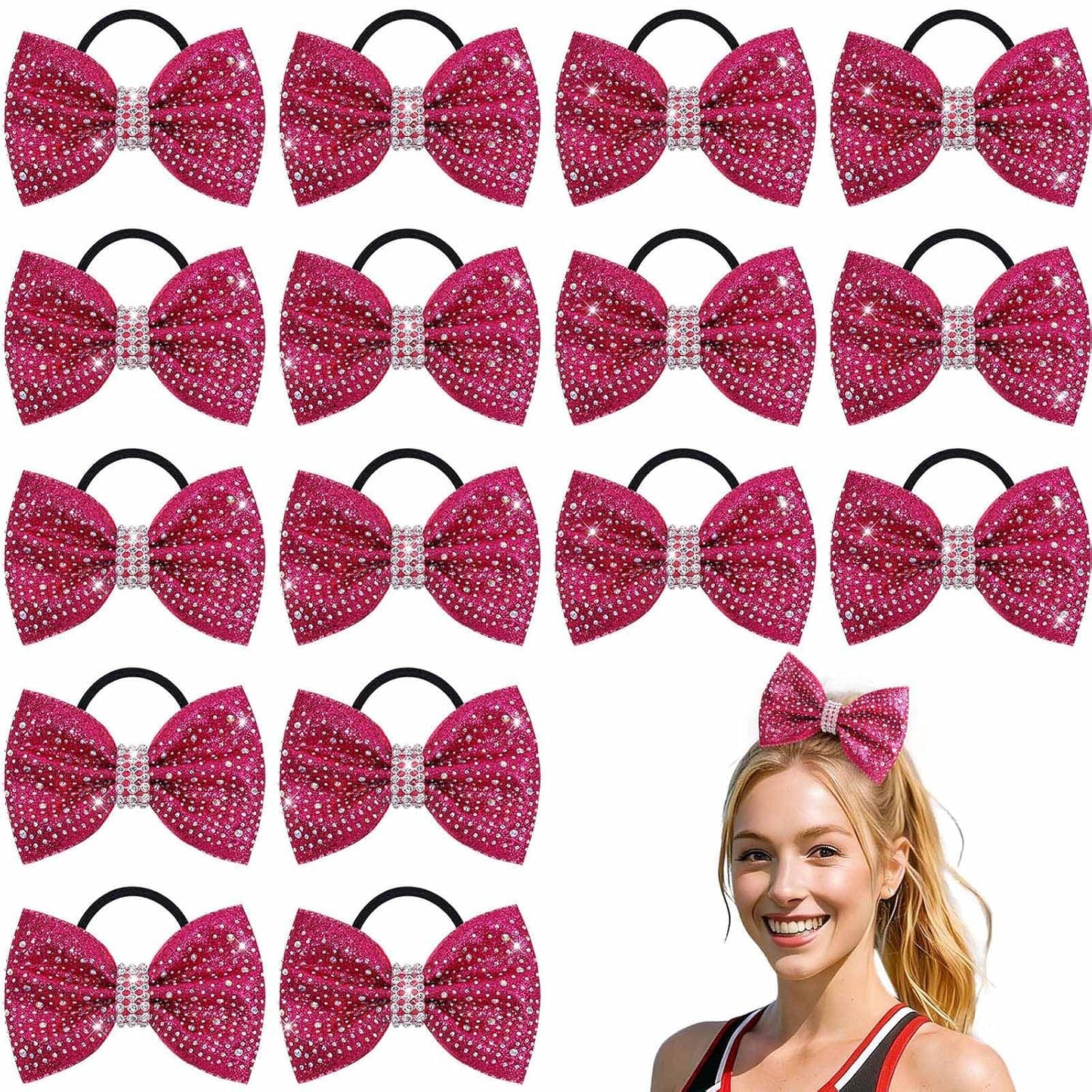 VOBOBE 16PCS Glitter Cheer Hair Bows for Cheerleading, Pink Sparkle Rhinestone Cheer Bow with Ponytail Holder Elastic Hair Ties for Teen Girls Cheerleader (Pink)