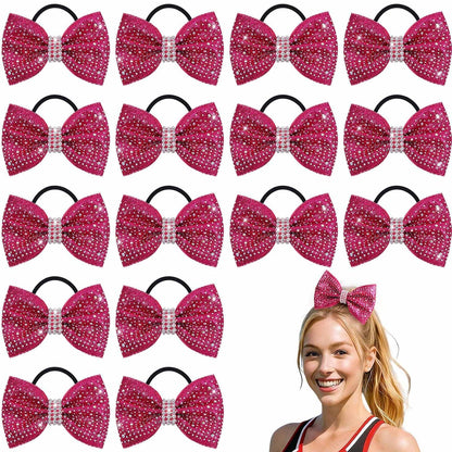 VOBOBE 16PCS Glitter Cheer Hair Bows for Cheerleading, Pink Sparkle Rhinestone Cheer Bow with Ponytail Holder Elastic Hair Ties for Teen Girls Cheerleader (Pink)