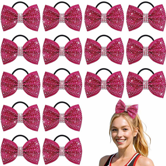 VOBOBE 16PCS Glitter Cheer Hair Bows for Cheerleading, Pink Sparkle Rhinestone Cheer Bow with Ponytail Holder Elastic Hair Ties for Teen Girls Cheerleader (Pink)