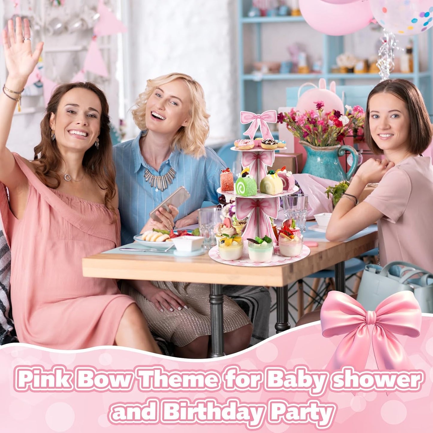Willinglong 3 Tier Pink Bow Cake Stand Coquette Bow Party Birthday Cake Stand Decorations Pink Dessert Tower for Wedding Garden Birthday Party Supplies