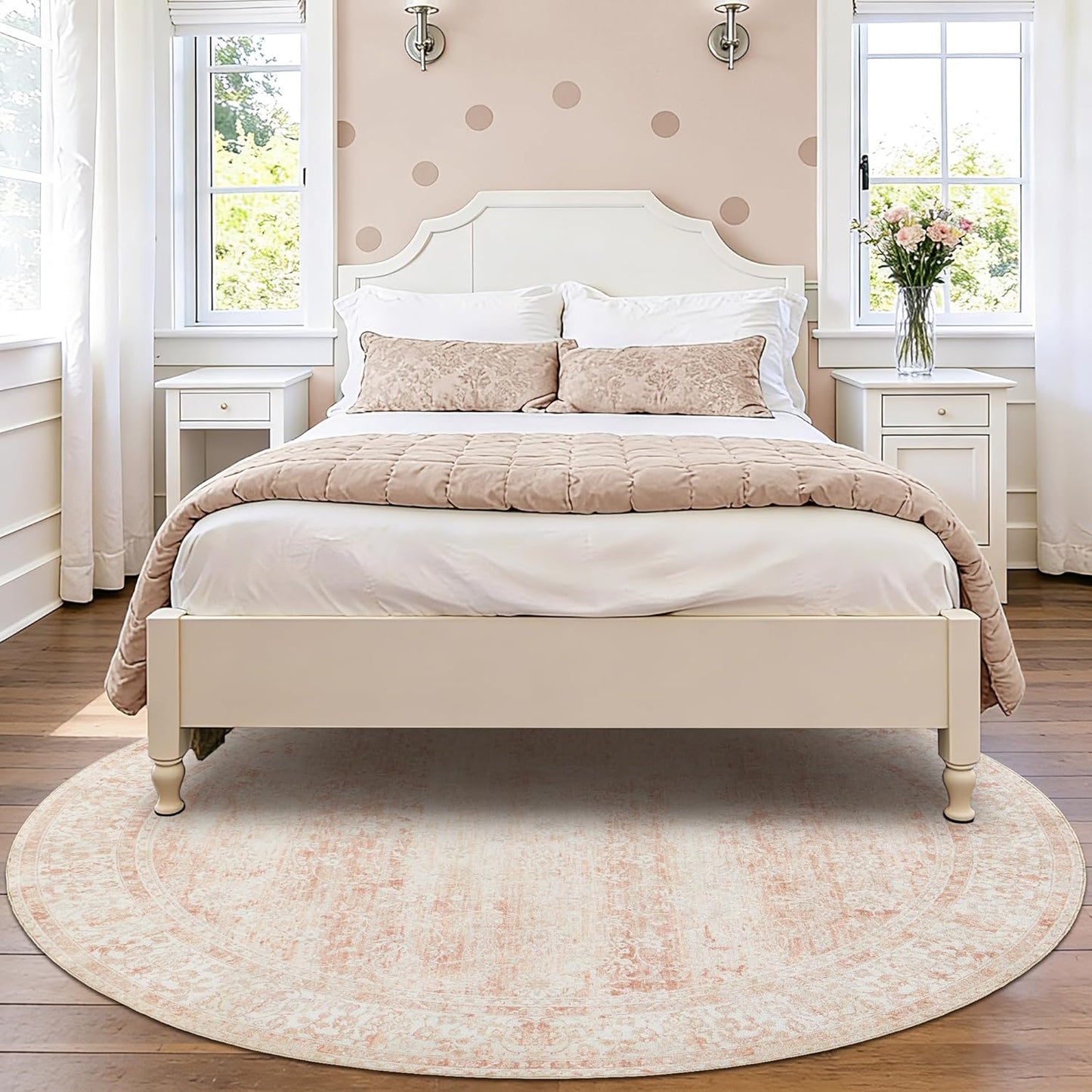 BILEEHOME Round Rug 8x8 Feet 8ft Washable Area Rug for Living Room Girl Bedroom,Boho Floral Print Blush Pink Circle Rugs 8' Round for Dining Room