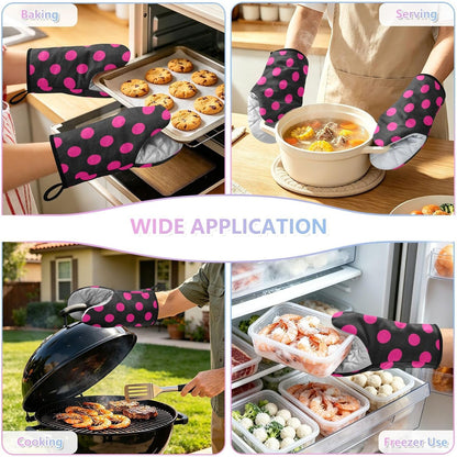 Oven Mitt 2 Pack Set Pink Polka Dot on Black Kitchen Mitts Gloves for for Cooking Baking Grilling