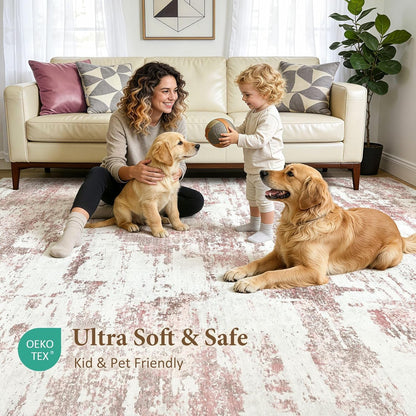Area Rugs 5x7 Living Room: Washable Large Abstract Modern Neutral Soft Rug Stain Resistant Non-Slip Backing Carpet for Bedroom Dining Room Indoor Nursery Dorm Home Office Decor - Pink