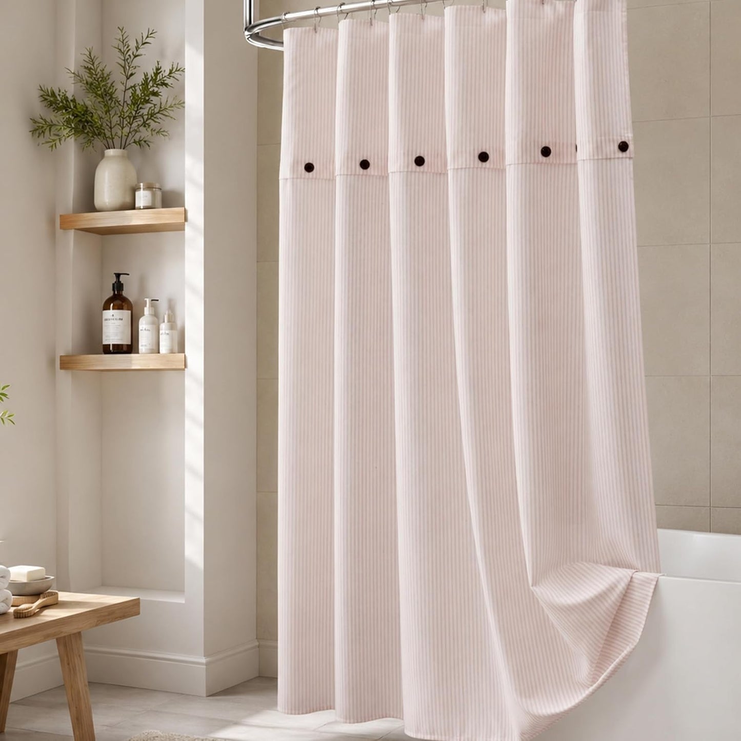 Homechoice Decor Fabric Shower Curtain 72 x 72 Inch, Minimal Pink Stripe Bathroom Curtain, Linen-Look Poly-Cotton Blend with Decorative Coconut Buttons, Warm, Cozy Accent with a Gentle Touch (LQ-45)