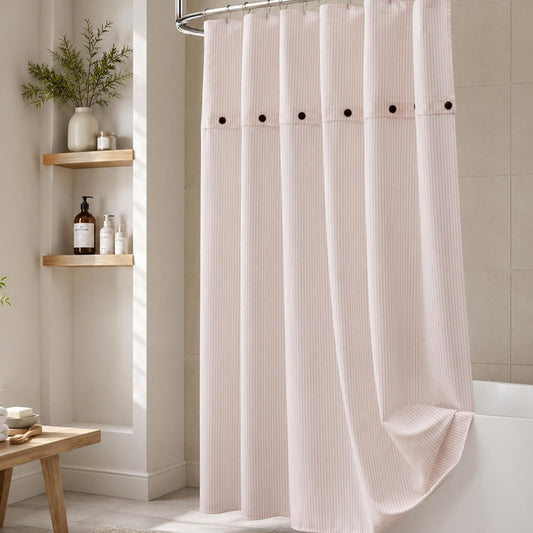 Homechoice Decor Fabric Shower Curtain 72 x 72 Inch, Minimal Pink Stripe Bathroom Curtain, Linen-Look Poly-Cotton Blend with Decorative Coconut Buttons, Warm, Cozy Accent with a Gentle Touch (LQ-45)