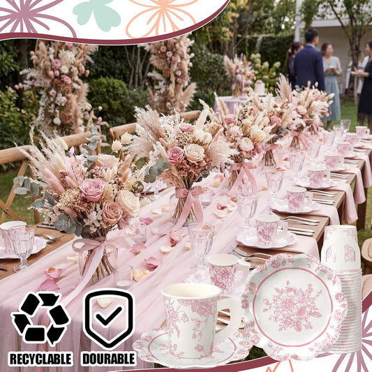 FoldTier 100 Pcs Tea Party Plates and Cups Pink Floral Party Supplies Paper Tea Cups and Saucers Disposable Tableware Sets for Chinoiserie Wedding Baby Shower Birthday Decor Serves 50 Guests