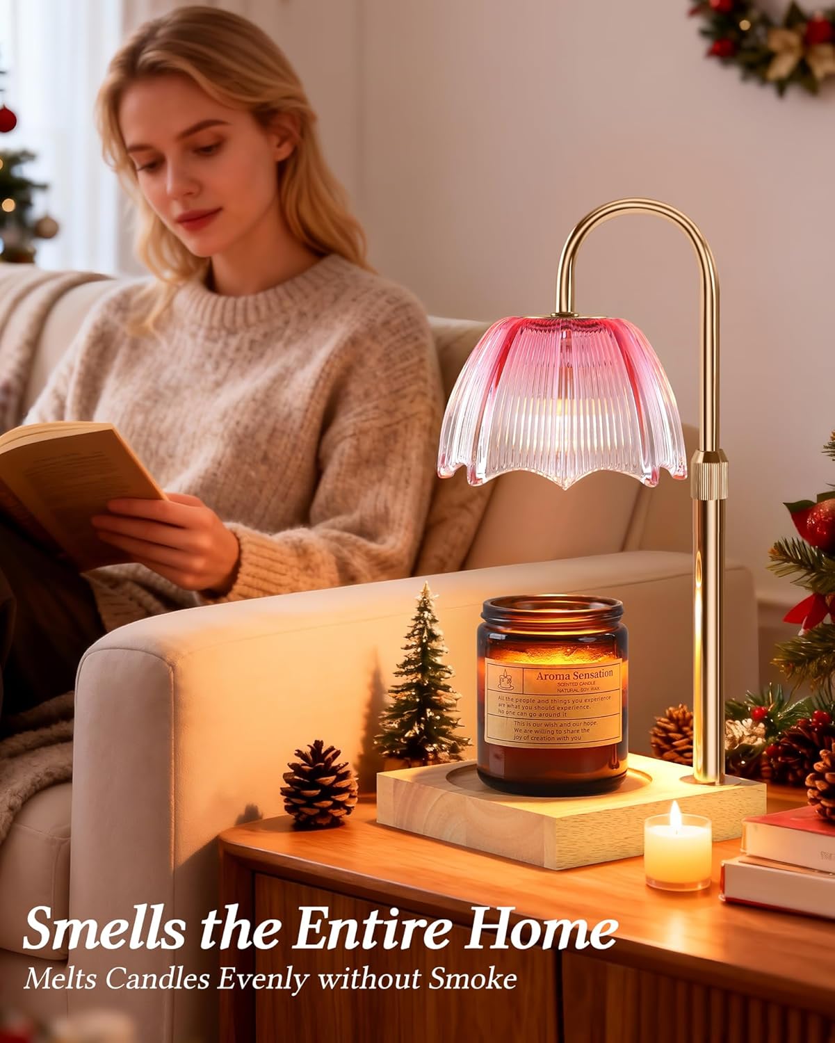 Candle Warmer Lamp with Timer Dimmable Adjustable Height, Cozy Home Decor House Warming Christmas Birthday Gifts for Women, Flower Candle Lamp Wax Melt Warmer for Scented Jar Candles, Gradient Pink