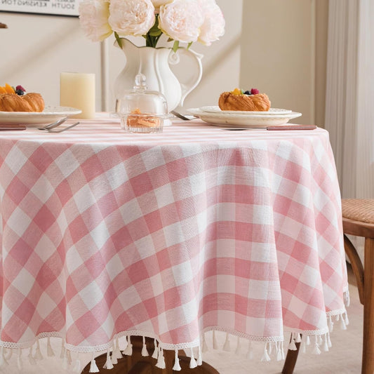 JIALE Gingham Round 60" Tablecloth Rectangle Cotton Linen Fabric Checkered Table Cloth with Tassel Washable Wrinkle Free Buffalo Plaid Table Cover for Birthday Party Picnic Outdoor, Pink
