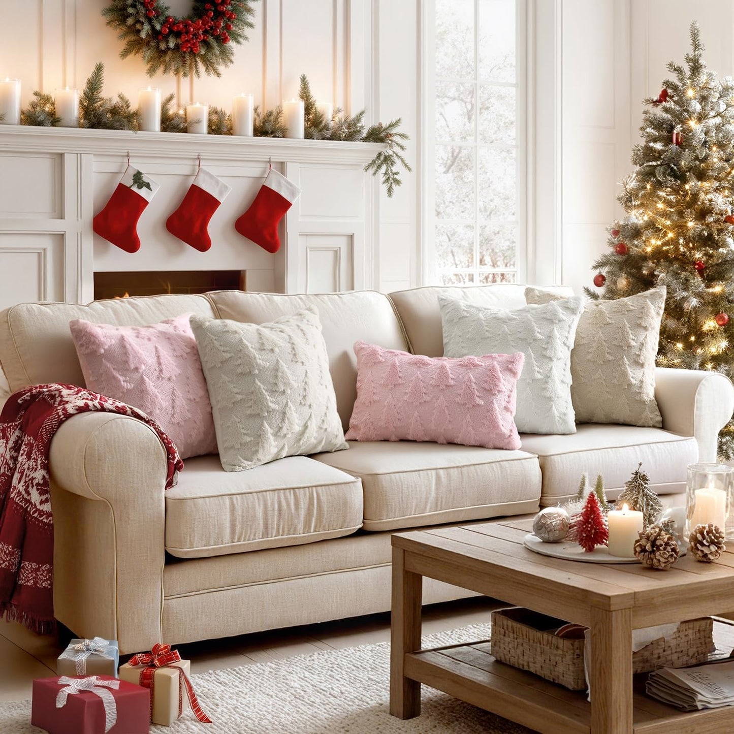 MIULEE Christmas Throw Pillow Covers Pink Christmas Decorations Set of 2 Xmas Tree 12x20 Pillow Covers Soft Plush Faux Wool Pillowcases Holiday Festivals Winter Home Decor Sofa Couch Bed Porch
