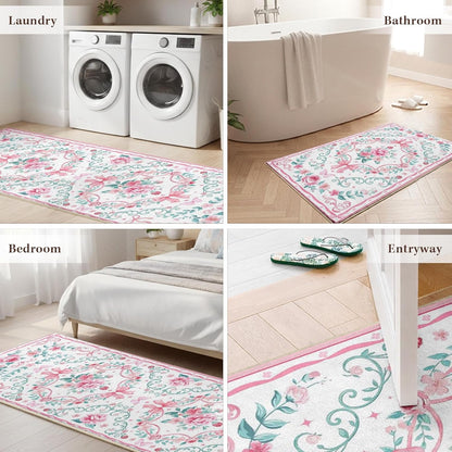 Kitchen Rugs Set of 3, Washable Non-Slip Kitchen Mats for Floor with Rubber Backing, Waterproof & Stain Resistant Boho Runner Rug for Kitchen, Laundry Room, Hallway, Entryway(Pink/Bow)