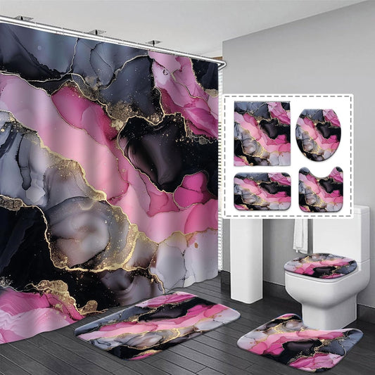 Pink and Black Shower Curtain Sets for Bathroom Decor Abstract Pink Gold Shower Curtain and Rugs 4 Pcs, Waterproof Modern Marble Texture Bath Mat Carpet Guest Toilet Restroom Bathroom Accessories