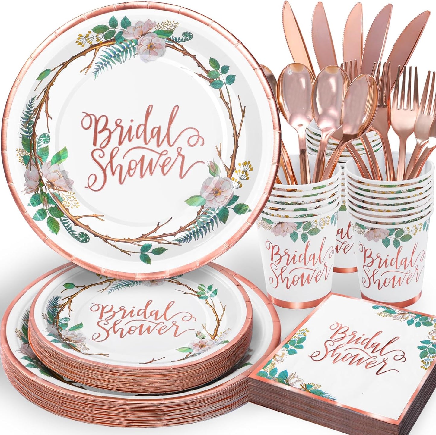 Rose Gold Bridal Shower Decorations, 168Pcs Bridal Shower Plates and Napkins Sets, Floral Paper Plates Serve 24, Love is In Bloom, Bride To Be, Wedding Shower, Bachelorette Party