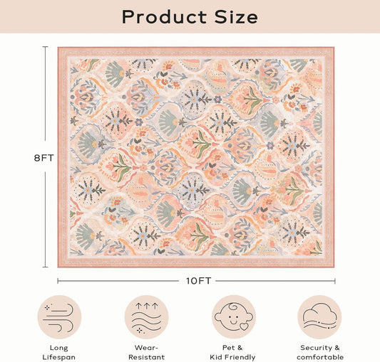 Ashler 8x10 Vintage Rug, Floral Area Rugs, Ultra-Thin Boho Tropical Rug, Vintage Large Rugs for Entryway, Kitchen, Flesh Pink/Beige, Moroccan Low-Pile Machine Washable Decoration
