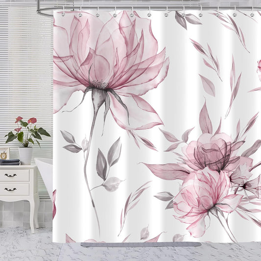 Pink Grey Watercolor Floral Shower Curtain, Flower Leaves Minimalist Aesthetic Art Shower Curtains for Bathroom Sets Decor, Waterproof Polyester Cloth Fabric with 12 Hooks,72x72 Inch