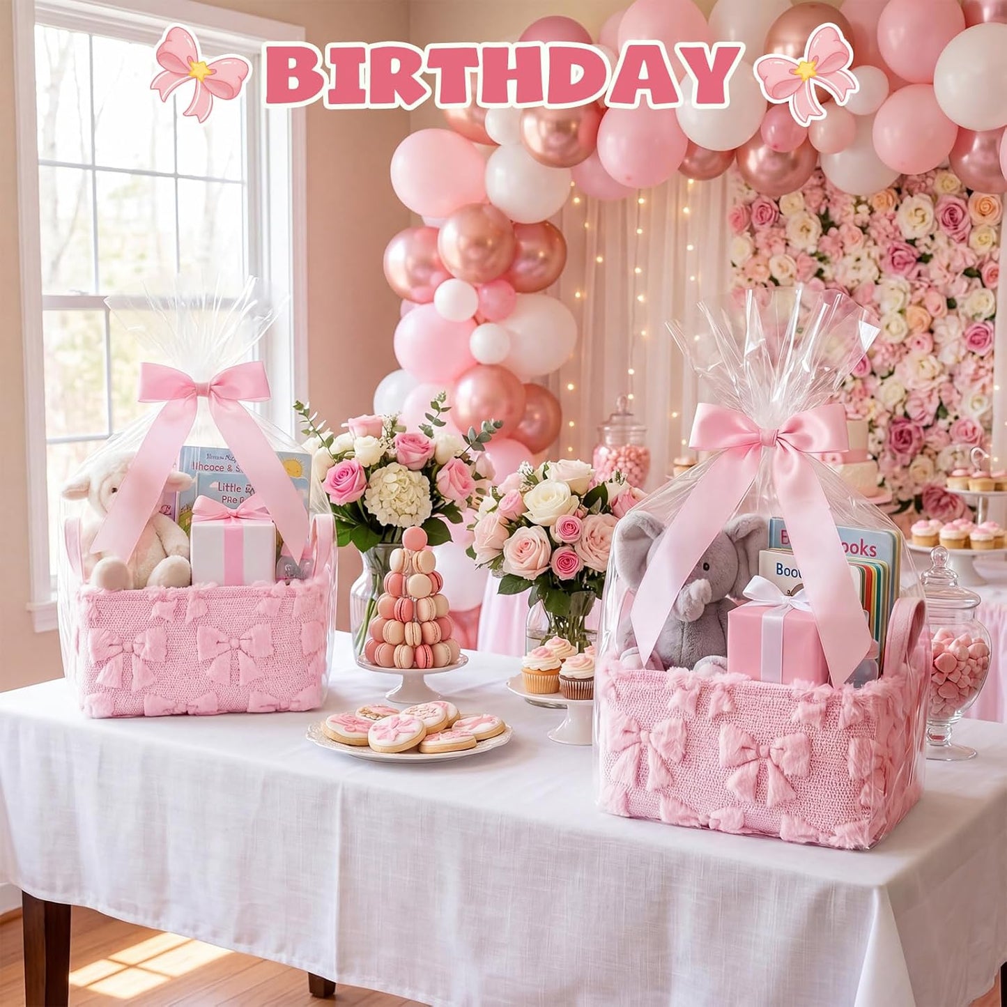 Pink Bow Storage Basket with Handles for Gifts 14 x 11 in Large Bow Basket for Nursery Living Room with Clear Gift Bags and Pink Bows for Wedding Baby Shower Brithday Graduation Party Supply