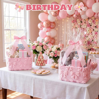 Pink Bow Storage Basket with Handles for Gifts 14 x 11 in Large Bow Basket for Nursery Living Room with Clear Gift Bags and Pink Bows for Wedding Baby Shower Brithday Graduation Party Supply