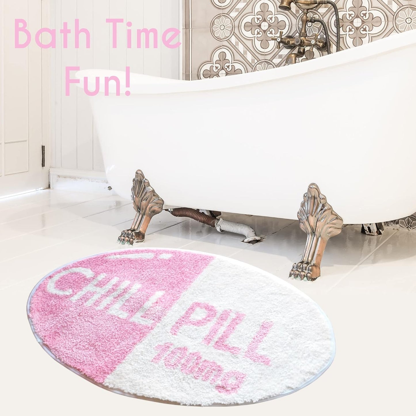 Evovee Pink Chill Pill Rug Funny Bath Mat Cute Bathroom Decor Shower Rugs Funky Bedroom Aesthetic Fun Round Preppy Cool Apartment College Washable Novelty Bathmat Peach Blush