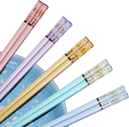 5 Pairs Fiberglass Chopsticks - Amber Cherry Blossom Pattern, Multicolor - Japanese & Korean Chopsticks - Reusable, Dishwasher Safe - Yellow, Pink, Blue, Green, Purple