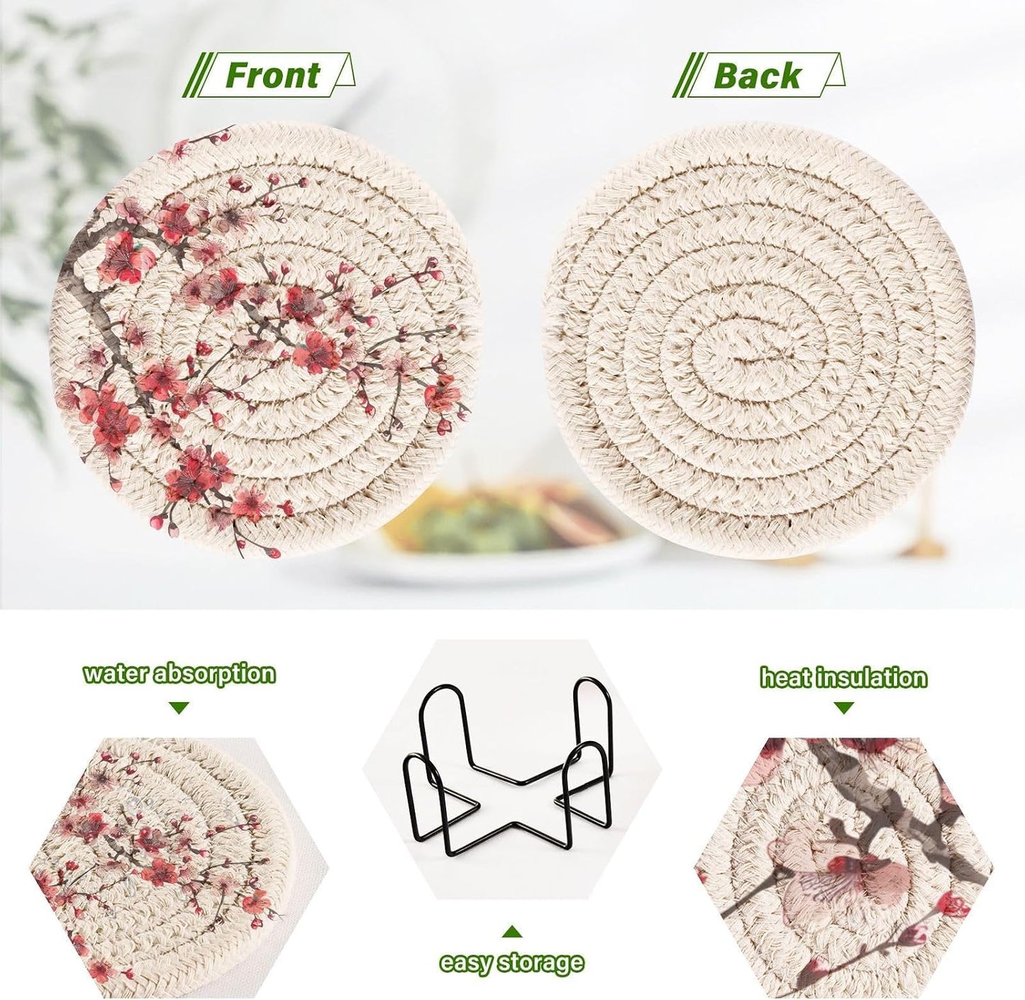Cherry Blossom Red & Pink Coasters Set of 6 Absorbent Drink Coaster with Holder for Cup Coffee Table Home Decor 3.94 Inch