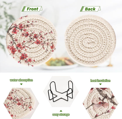 Cherry Blossom Red & Pink Coasters Set of 6 Absorbent Drink Coaster with Holder for Cup Coffee Table Home Decor 3.94 Inch