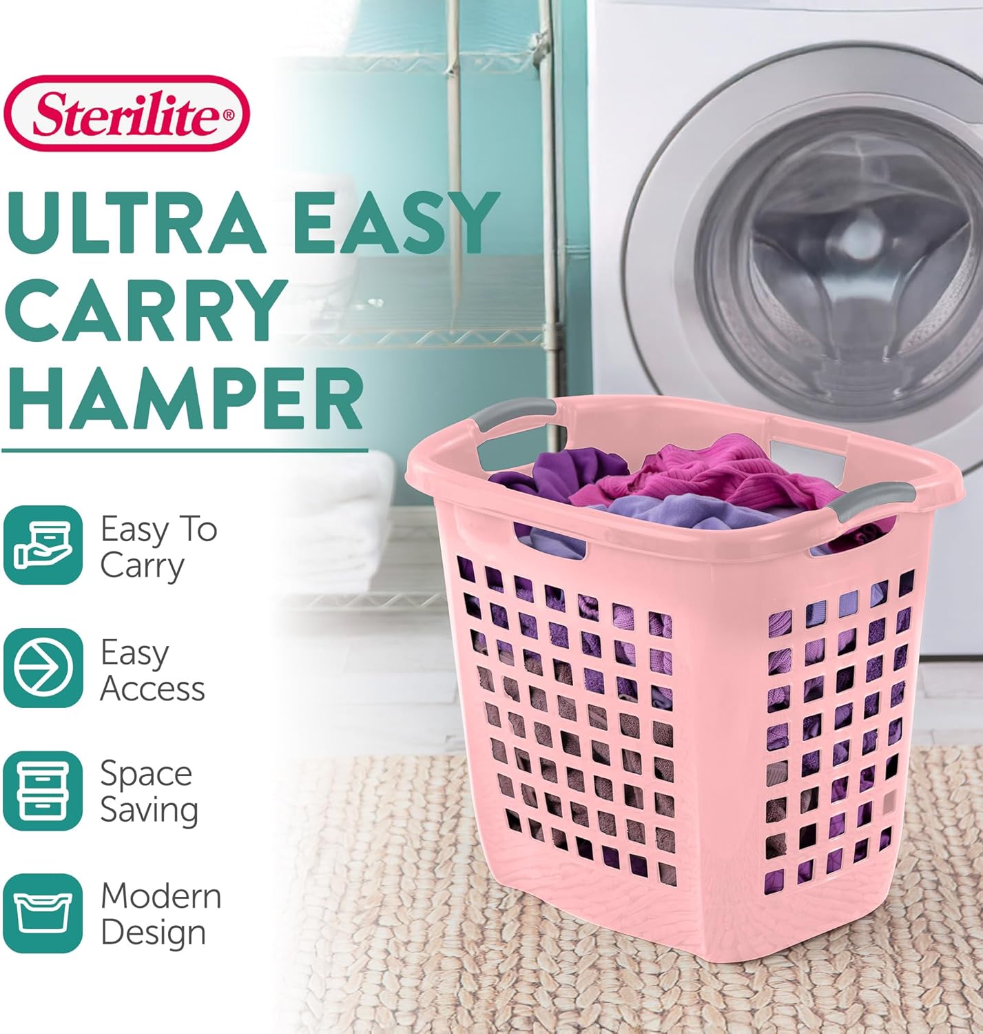 Sterilite 4-Pack Ultra Easy Carry Laundry Basket, Plastic Clothes Hamper Bin w/Comfort Grip Handles & Rim, 2.1 Bushel Capacity, Pink Frost