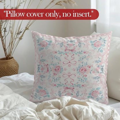 Pink Coquette Bow Floral Throw Pillow Cover, Grandmillennial Retro Flower Botanical Decorative Pillowcases Cushion Cases for Home Girly Room Bedroom Decor, 18x18 Pillow Covers