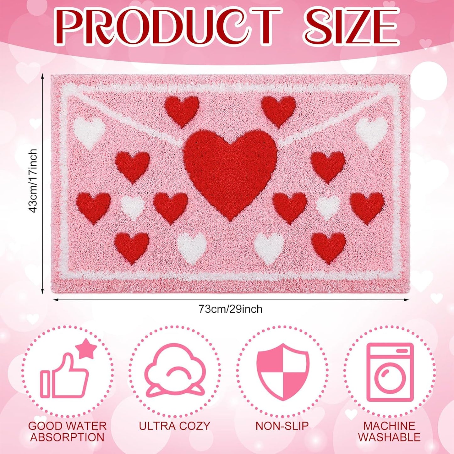 Lyrow Envelope Red Heart Tufted Bath Mat 17"x 29" Absorbent Love Heart Rug Red Pink White Non Slip Bath Rug Washable Front Door Mat for Wedding Home Bedroom Bathroom Decor