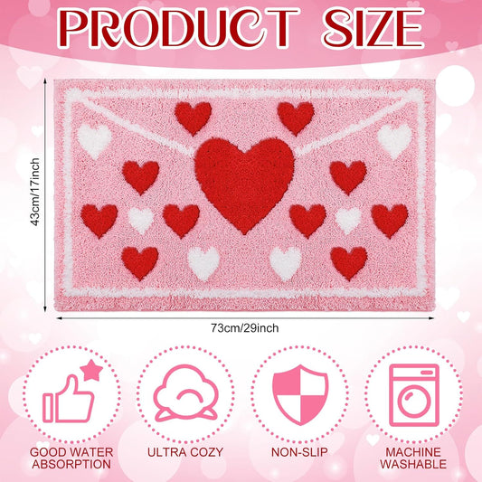 Lyrow Envelope Red Heart Tufted Bath Mat 17"x 29" Absorbent Love Heart Rug Red Pink White Non Slip Bath Rug Washable Front Door Mat for Wedding Home Bedroom Bathroom Decor