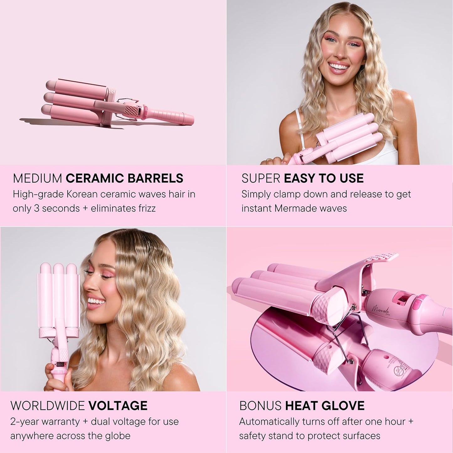 Mermade PRO Hair Waver 1" - 3 Barrel Curling Iron 1 Inch, Ceramic Barrel Waver Tool for Thick, Thin, Long, or Short Hair - 1", Pink with Glove