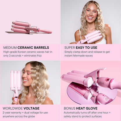 Mermade PRO Hair Waver 1" - 3 Barrel Curling Iron 1 Inch, Ceramic Barrel Waver Tool for Thick, Thin, Long, or Short Hair - 1", Pink with Glove