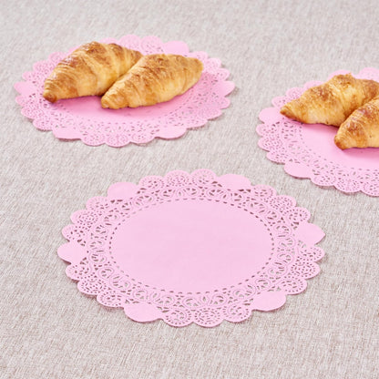 Pastry Tek 8 x 8 Inch Paper Lace Doilies, 100 Disposable Table Doilies - Elegant Lace Finish, Long Lasting, Pink Paper Doily, for Pastries, Cupcakes, Desserts - Restaurantware