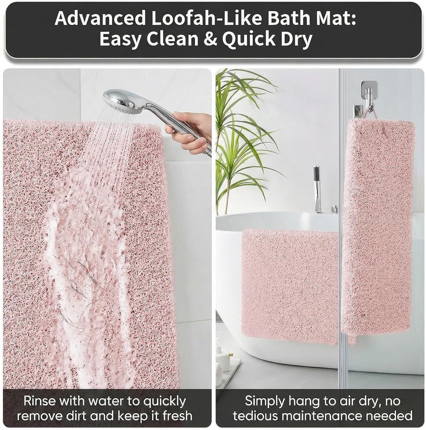 Shower Mat Non Slip, 16 x 24 Inch, Pink Shower Mats for Inside Shower, Soft PVC Loofah Bath Mats for Tub, Quick Drying Easy Cleaning Bathroom Stall Floor Mat Without Suction Cup