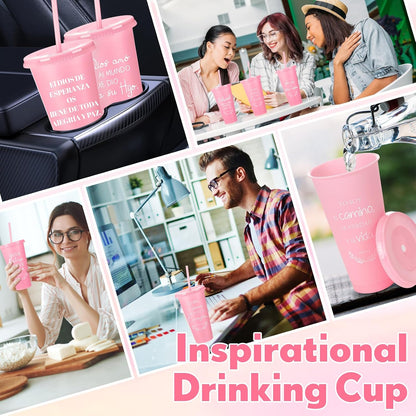 Funnymoom 60 Packs Christian Gift Bulk Inspirational Spanish Bible Verse Cup Gift Father Day 24oz Religious Plastic Tumbler with Lid Straw for Church (Light Pink)