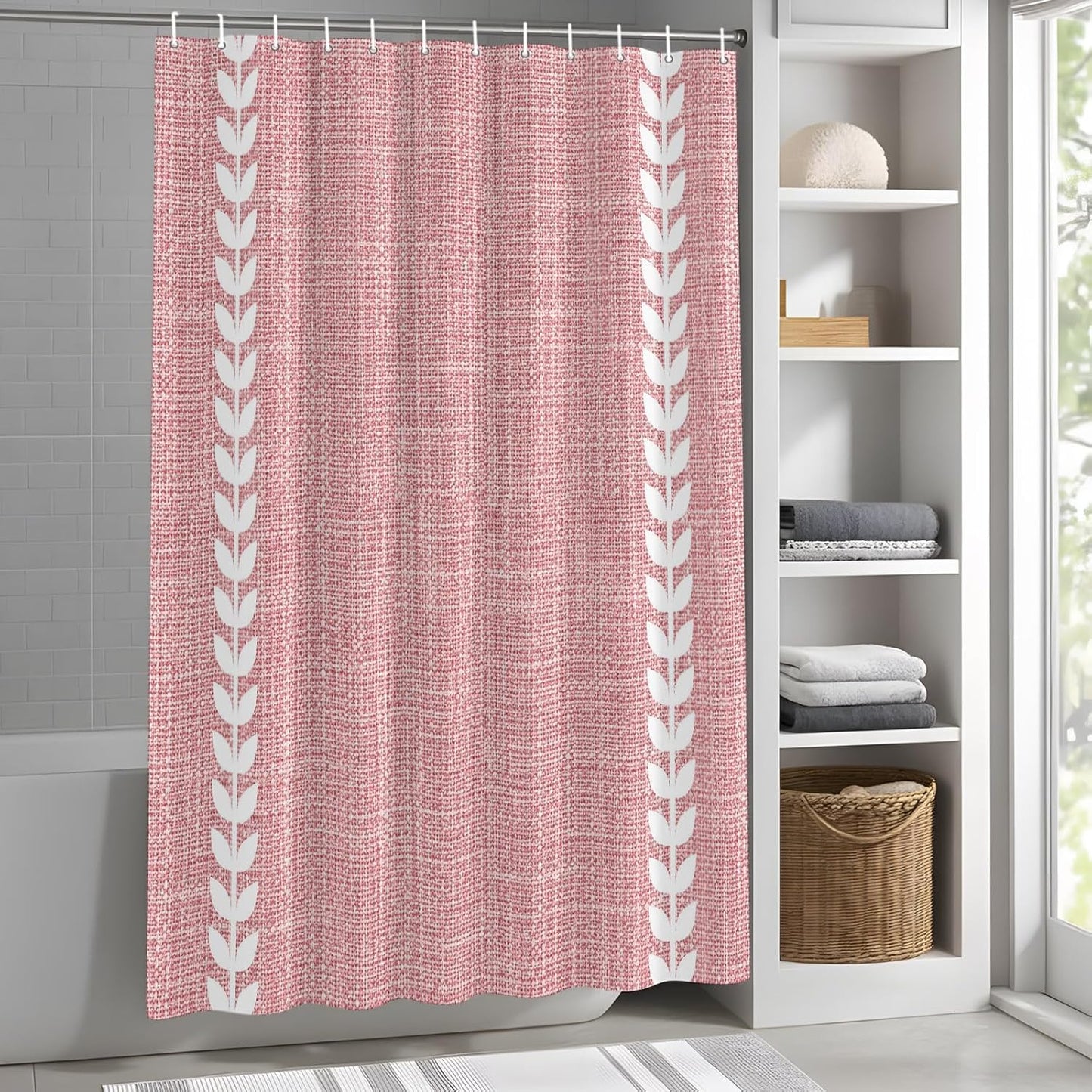 Romantic Pink Linen Texture Waterproof Shower Curtain with Rustproof Grommets Bathroom Curtain 72x84in, White Braided Leaves Shower Curtains Hotel Luxury Quality