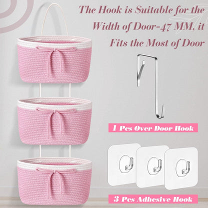 Zopeal 3 Tier Wall Mounted Woven Cotton Rope Hanging Basket Over the Door Hanging Basket with Hooks Decorative Food Snack Storage Organizer Newborn for Living Room(Pink,Bow)
