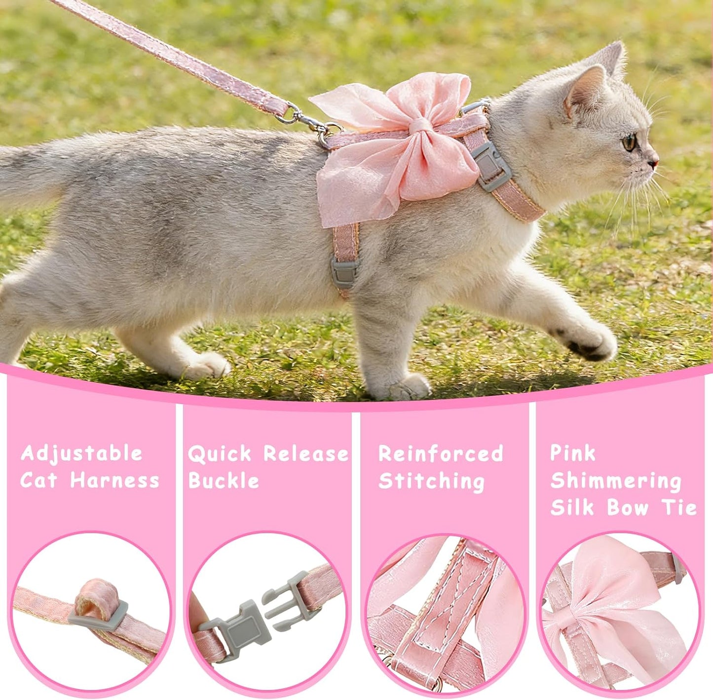 Tensho Pink Bow Cat Harness and Leash Set Escape Proof, Adjustable Kitten Harness with Leash, Bow Tie Cat Harness for Walking Outdoor - Soft Lightweight Harness for Small Dogs Cats Rabbits (S)