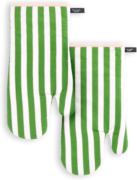 kate spade new york Botanical Stripe Oven Mitt 2-Pack Set, 7" x 13", Green/Pink