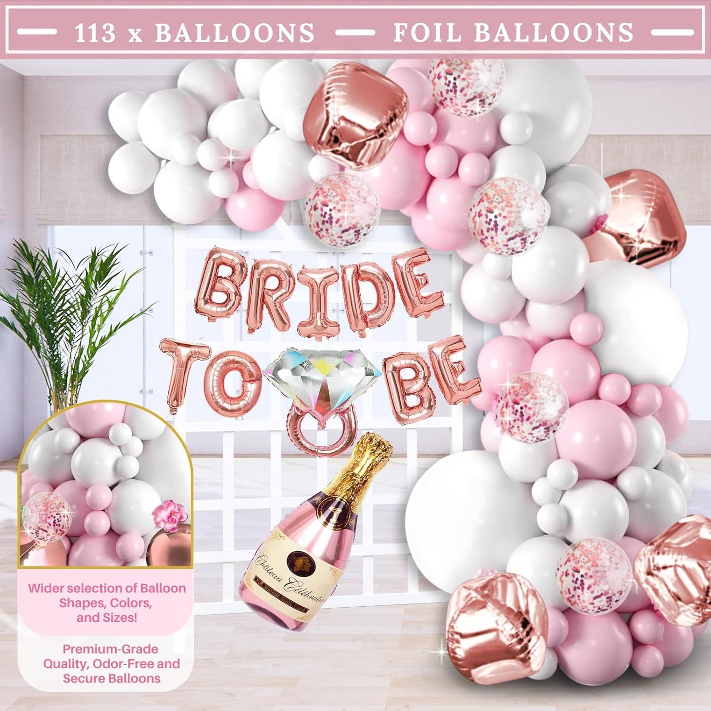 188 Pc Pink Bridal Shower Decorations – Balloon Arch, Boxes & A-Z Letters | Bridal shower & bachelorette kit: balloon arch, 5 DIY balloon boxes, foil balloons, table signs; pink/rose gold