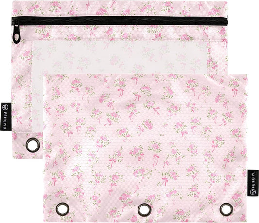 Bolaz Binder Pencil Pouch for 3 Ring Binder Pencil Case Bags Pink Small Floral with Zipper Girls Clear Window 2 Pack