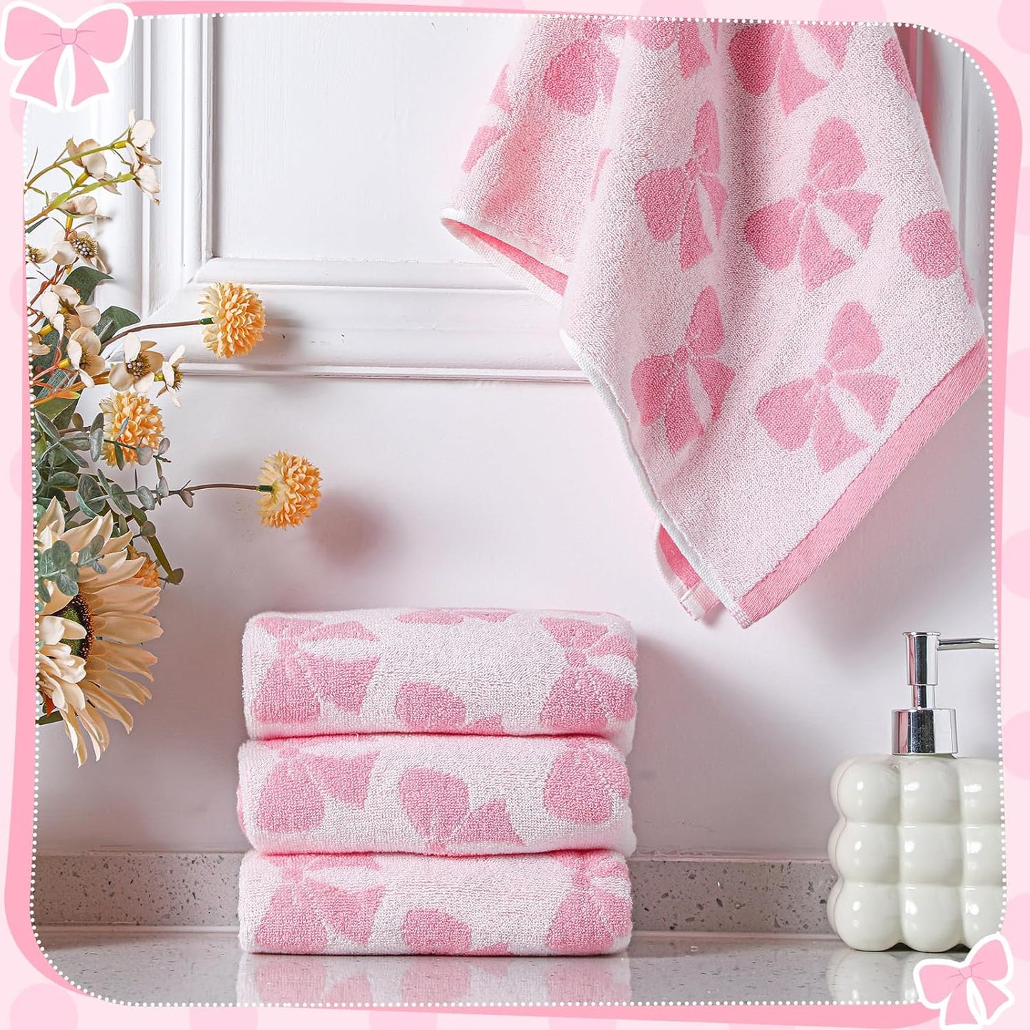 SmoothNovelty 4 Pcs Pink Bow Hand Towels for Bathroom 13 x 29'' Soft 100% Cotton Coquette Face Towel Valentine's Day Kitchen Decor Absorbent Preppy Bathroom Decor Bridal Shower Wedding Gift