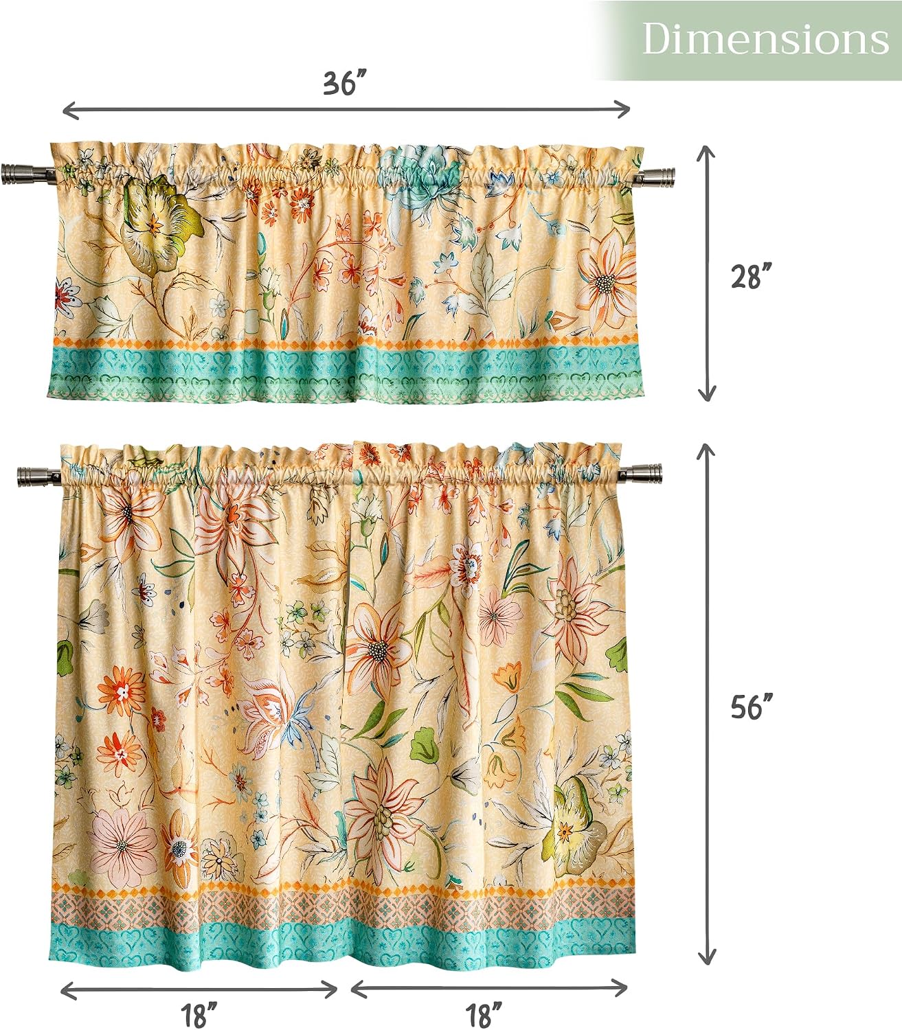 Maison d' Hermine Kitchen Curtain Set for Windows 100% Cotton Set of Kitchen Curtain Valance for Home [2 Tier (28"X36") and 1 Valance (56"X18")] Cafe Spring Summer (Luxury Loft - Peach)