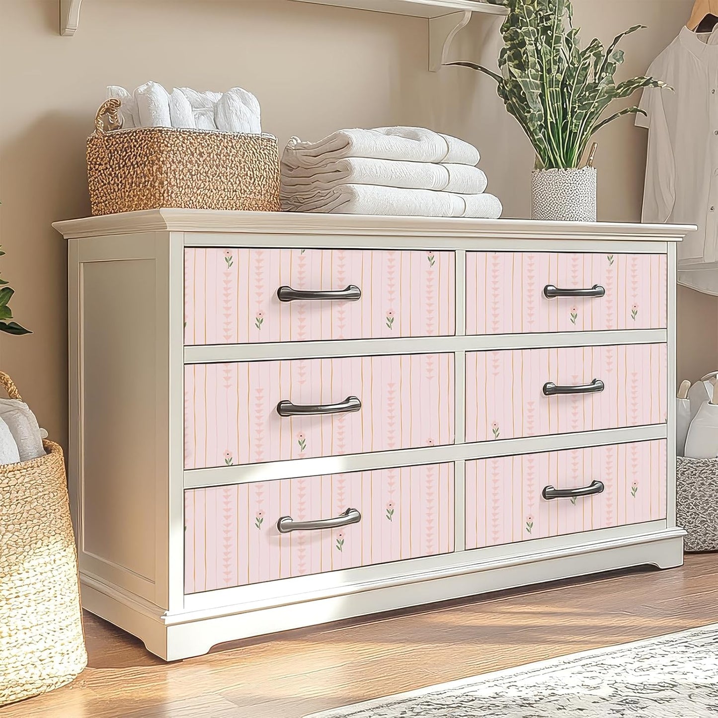 CRE8TIVE Cute Light Pink Floral Peel and Stick Wallpaper for Nursery Girls Bedroom Vertical Stripes Triangles Art Deco Wallpaper Removable Pink Contact Paper for Cabinets Drawers Accent Walls 12"x118"