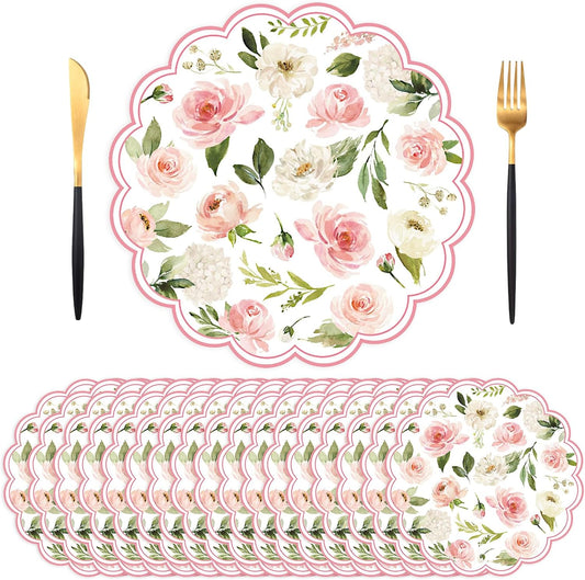 50PCS Floral Paper Placemats, Pink Roses Flower Paper Placemats Disposable, 13.5in Summer Table Mats for Wedding Anniversary Birthday Home Party Supplies Banquet Table Settings