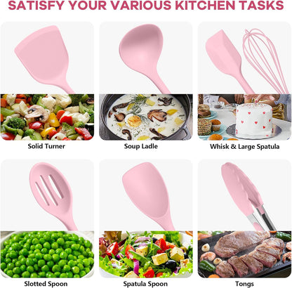 TeamFar Kitchen Cooking Utensils, 10 pcs Silicone Cooking Utensils Set, 446°F Heat Resistant Kitchen Gadgets Tools Set w/Spatula, Turners, Spoons, Soup Ladle, Pasta Server for Nonstick Cookware, Pink